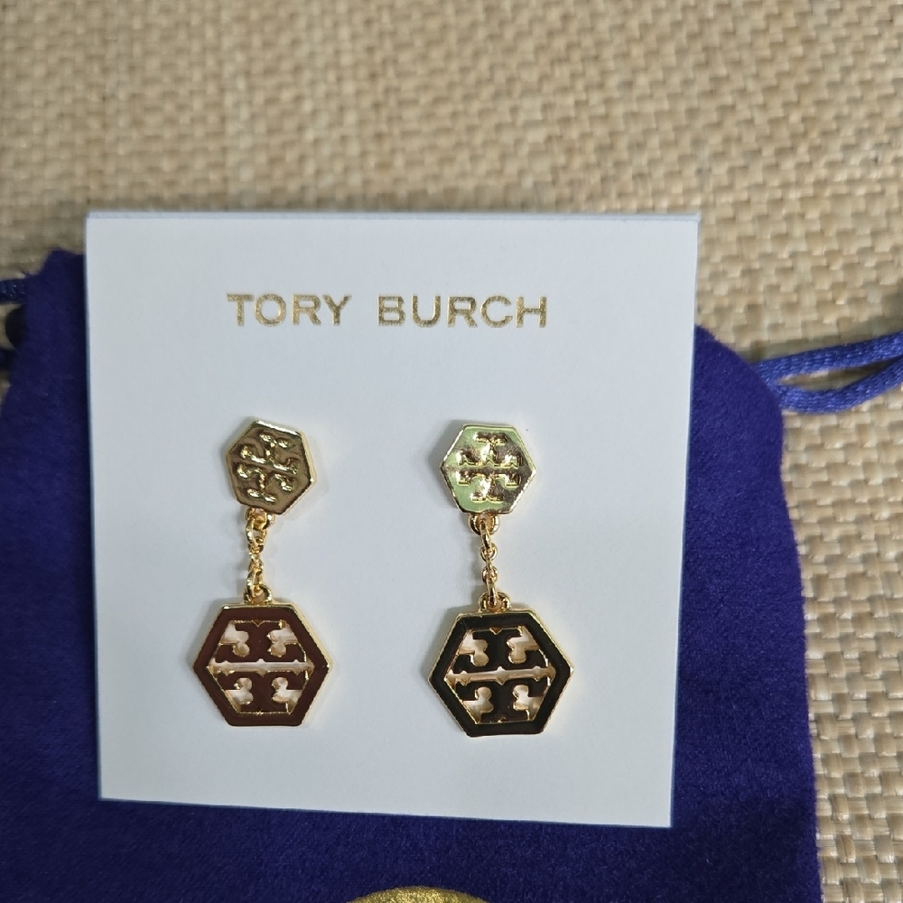 Tory Burch Gold Hexagon Drop Earrings NWOT - Picture 2 of 5